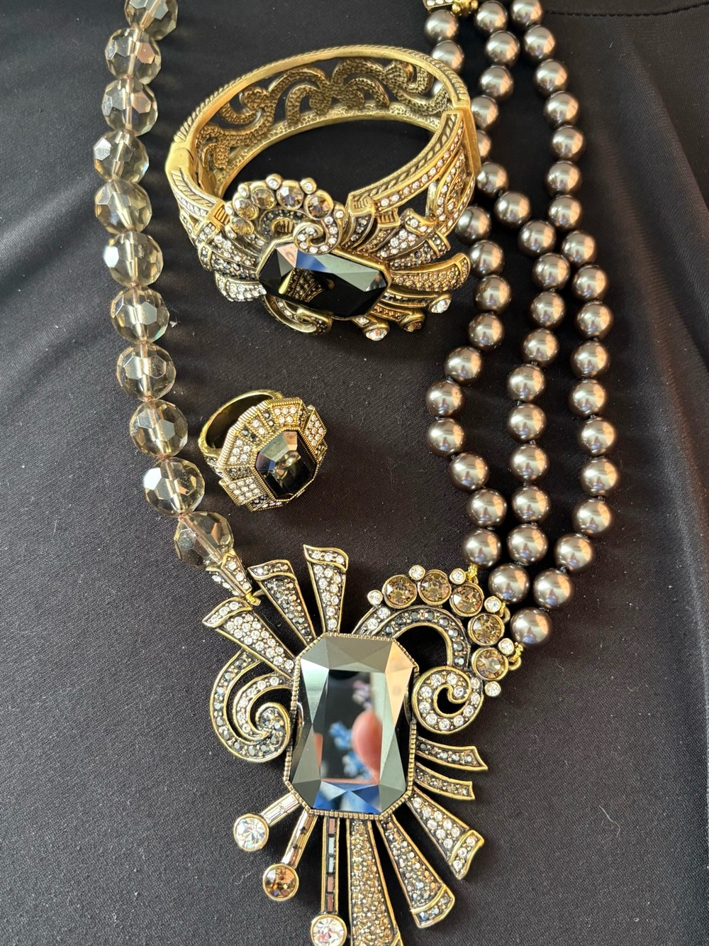 Elegant Gold-Tone Black Crystal Statement Necklace Set